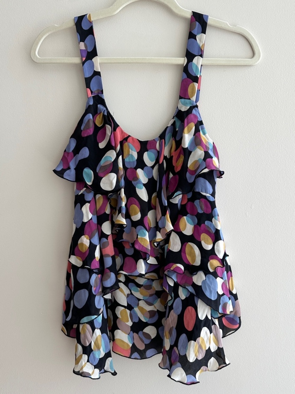 Odille 100% Silk Multicolor Polka Dot Ruffle Layered Tank Top, Size 8